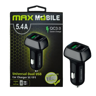 Auto punjač MAXMOBILE, USB DUO  SC-191 QC 3.0 Quick Charge 5.4A, crno-sivi