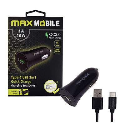 Auto punjač MAXMOBILE, SC-106 QC 3.0, Quick Charge 3A, crni + USB Type-C kabel