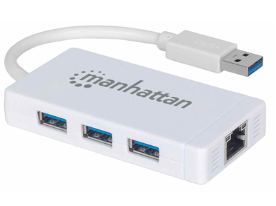 USB HUB MANHATTAN, 3-portni USB 3.0, G-LAN, bijeli