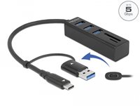 USB HUB DELOCK USB3.2/USB-C, 3-potrni USB 3.2, Micro/SD čitač kartica, crni