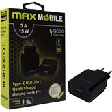 Kućni punjač MAXMOBILE SET 2u1 TR-274, QC 3.0 Quick Charge USB + Kabel USB-C, crni
