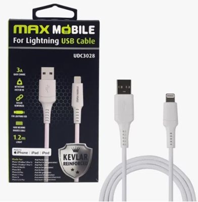 Kabel MAXMOBILE, USB-A (M) na Lightning (M), MFI, kevlar, QC 3A, 1,2m, bijeli