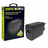 Kućni punjač MAXMOBILE Duo 2UTR3068-QP, USB-C, USB, PD, 20W + 18W, crni