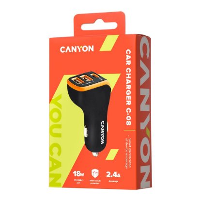 Auto punjač CANYON C-08, 2xUSB-A, USB-C, crno-narančasti