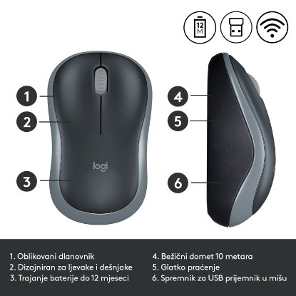 Miš LOGITECH M185, optički, bežični, 1000dpi, crno-sivi