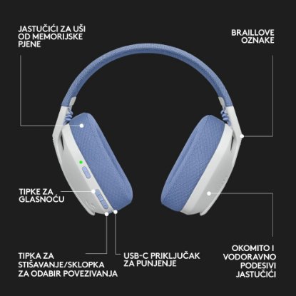 Slušalice LOGITECH Gaming G435 Lightspeed, USB-C, bežične, BT, lila-bijele