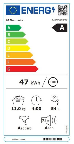Slika Perilica rublja LG F4WR511S0W, 1400 o/min, do 11 Kg, AI DD, energetski razred A, bijela