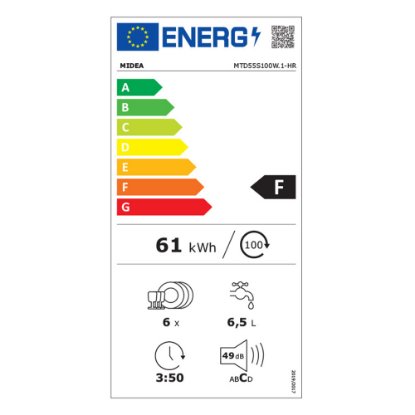 Ugradbena perilica posuđa MIDEA MTD55S100W.1-HR, uska, 55 Cm, do 6 kompleta, energetski razred F