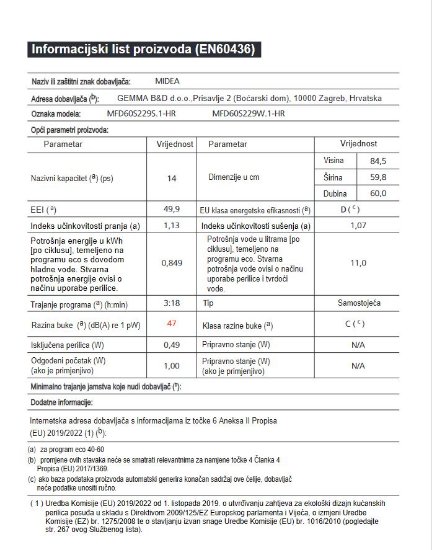 Perilica posuđa MIDEA MFD60S229S-HR, 60 Cm, do 14 kompleta, energetski razred D