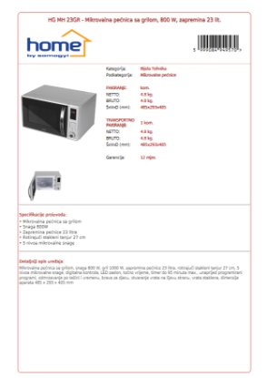 Mikrovalna pećnica HOME HG MH 23GR, 800 W, 23 l, gril, bijela