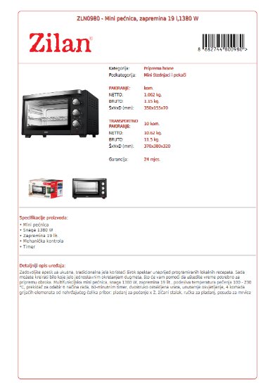 Mini pećnica ZILAN ZLN0980, 1380 W, 19 l, crna