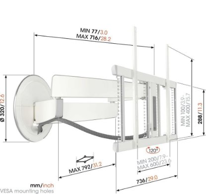 Nosač zidni za TV VOGEL'S TVM7655WH, 40"-77", pomak 120°, do 35kg, bijeli