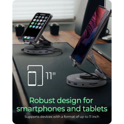 Stalak za tablet/smartphone ICY BOX IB-TH100-DK, okretni stalak, 2x USB-C, 2x USB-A 3.2 Gen1, HDMI, SD/microSD, audio, sivi
