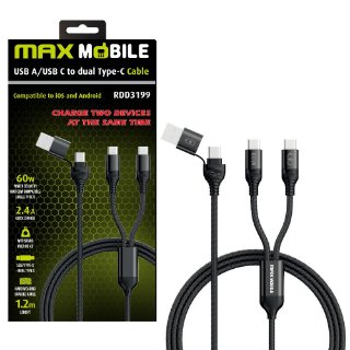 Kabel MAXMOBILE, USB A/C (M) na 2x USB-C, 60W, 1.2m