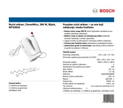 Mikser BOSCH MFQ3010, ručni, 300 W, CleverMixx, bijeli