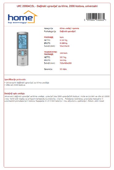Univerzalni daljinski upravljač za klima uređaje HOME URC 2000AC/SL, univerzalni, 2000 kodova, sivi