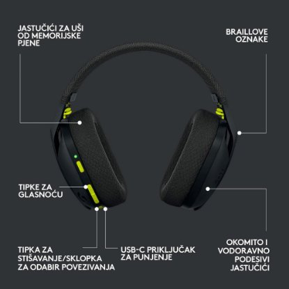 Slušalice LOGITECH Gaming G435 Lightspeed, USB-C, bežične, BT, crne