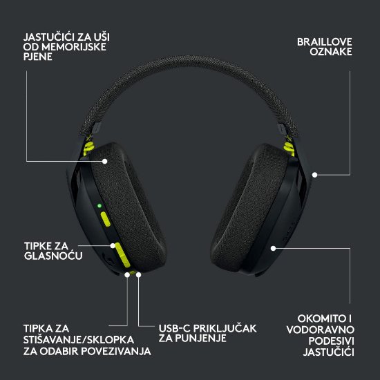 Slušalice LOGITECH Gaming G435 Lightspeed, USB-C, bežične, BT, crne