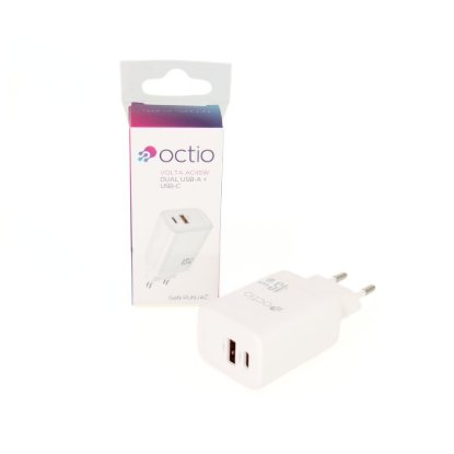 Kućni punjač OCTIO Volta AC45W Dual GaN, USB-A + USB-C, PD 45W, bijeli