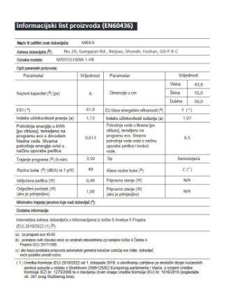 Ugradbena perilica posuđa MIDEA MTD55S100W.1-HR, uska, 55 Cm, do 6 kompleta, energetski razred F