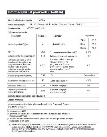Ugradbena perilica posuđa MIDEA MTD55S100W.1-HR, uska, 55 Cm, do 6 kompleta, energetski razred F
