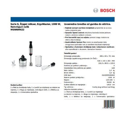 Štapni mikser BOSCH MSM6M622, 1000 W, ErgoMaster, crni-inox