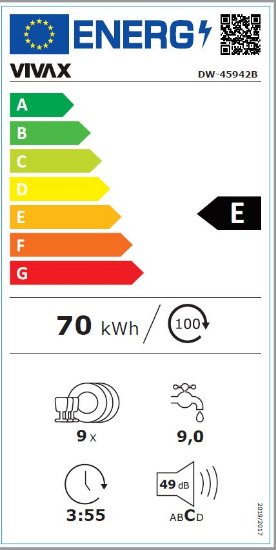 Perilica posuđa VIVAX DW-45942B, 45 cm, do 9 kompleta, energetski razred E, bijela