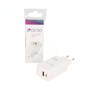 Kućni punjač OCTIO Volta AC65W Dual GaN, USB-A + USB-C, PD 65W, bijeli