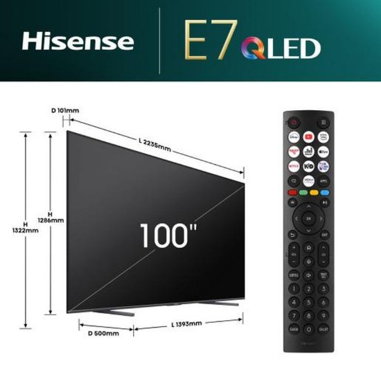 QLED TV 100" HISENSE 100E7NQ, Smart TV, UHD 4K, 144Hz, DVB-T2/C/S2, HDMI, Wi-Fi, USB, LAN, energetski razred F