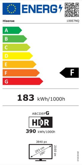 QLED TV 100" HISENSE 100E7NQ, Smart TV, UHD 4K, 144Hz, DVB-T2/C/S2, HDMI, Wi-Fi, USB, LAN, energetski razred F