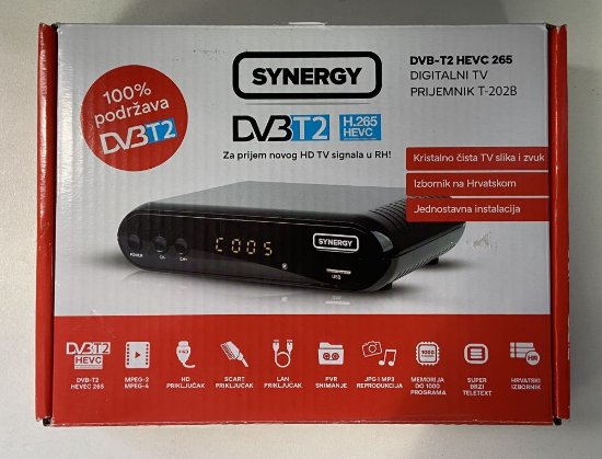 RABLJENI - TV tuner SYNERGY T-202, DVB-T2 HEVC265, SCART, LAN, HDMI, zemaljski, crni