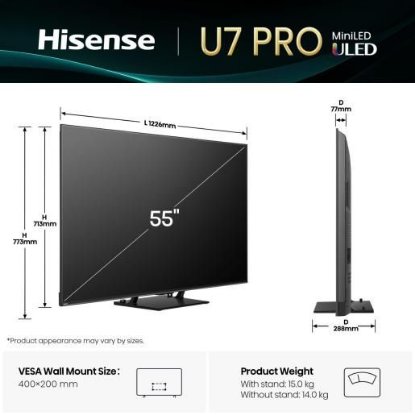 Mini-LED TV 55" HISENSE 55U7Q PRO, Smart TV, 4K UHD, DVB-T2/C/S2, USB, Wi-Fi, BT, crni - energetski razred E