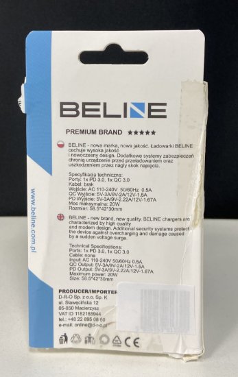 RABLJENI - Kućni punjač BELINE BLN2CB20, 20W, PD3.0/QC3.0, USB-C + USB-A, crni
