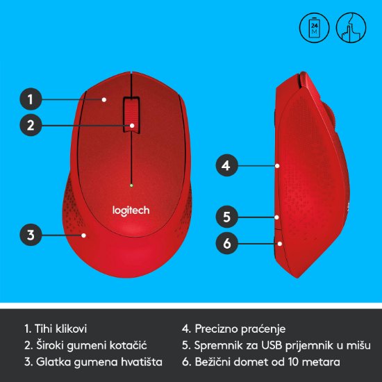 Miš LOGITECH M330 Silent Plus, optički, 1000dpi, bežični, crveni, USB