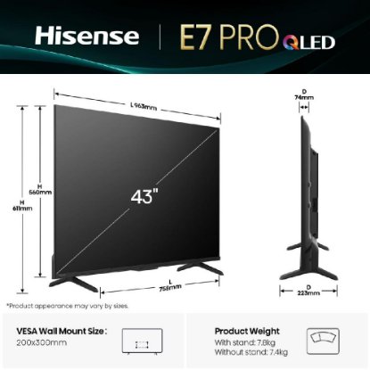 QLED TV 43" HISENSE 43E7Q PRO, Smart TV, 4K UHD, DVB-T2/C/S2, USB, Wi-Fi, BT, crni - energetski razred F