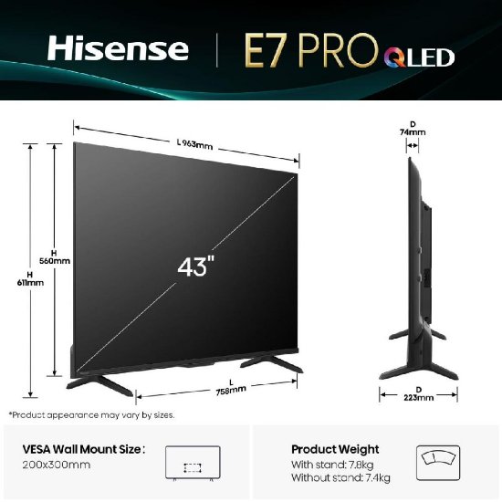 QLED TV 43" HISENSE 43E7Q PRO, Smart TV, 4K UHD, DVB-T2/C/S2, USB, Wi-Fi, BT, crni - energetski razred F