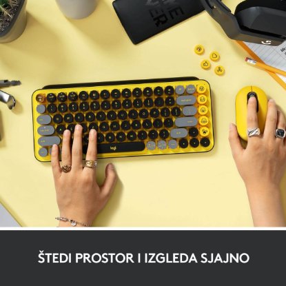 Tipkovnica LOGITECH POP Keys, mehanička, bežična, US Layout, USB, žuto/crna