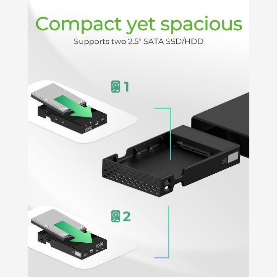 Eksterno kućište ICY BOX IB-RD2253-C31, 2x 2.5" SATA HDD, USB-A/C 3.2 Gen 2, RAID 0/1, single, large, crno