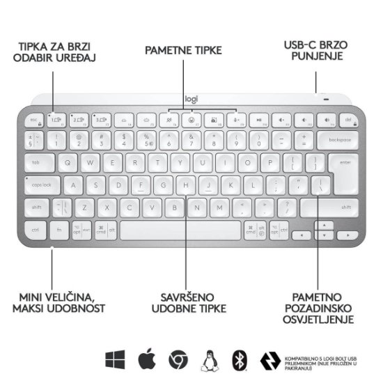 Tipkovnica LOGITECH MX Keys mini, bežična, BT, srebrna