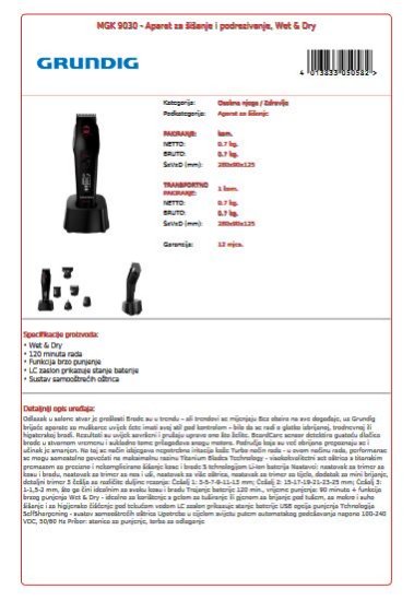 Aparat za šišanje GRUNDIG MGK 9030, Wet & Dry, bežičan, crni