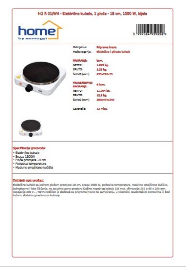 Električno kuhalo HOME HG R 01/WH, 1 ploča, 1500 W, 18 cm, bijelo