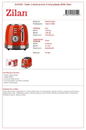 Toster ZILAN ZLN7040, Retro, 850 W, 2 utora, crveni Toster ZILAN ZLN7040, Retro, 850 W, 2 utora, crveni