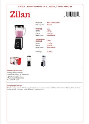 Blender ZILAN ZLN3925, 1000 W, staklena posuda 1,5 l, inox Blender ZILAN ZLN3925, 1000 W, staklena posuda 1,5 l, inox