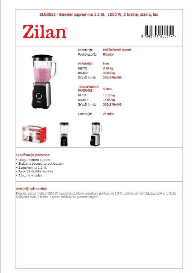 Blender ZILAN ZLN3925, 1000 W, staklena posuda 1,5 l, inox