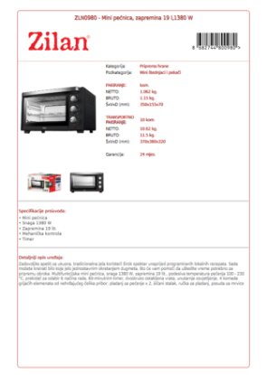 Mini pećnica ZILAN ZLN0980, 1380 W, 19 l, crna
