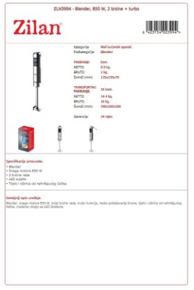Štapni mikser ZILAN ZLN3994, 850 W, 2 brzine + turbo, inox Štapni mikser ZILAN ZLN3994, 850 W, 2 brzine + turbo, inox