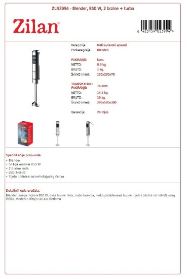 Štapni mikser ZILAN ZLN3994, 850 W, 2 brzine + turbo, inox