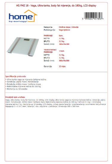 Osobna vaga HOME HG FMZ 18, 180 kg, LCD display, body fat mjerenje, staklena, bijela