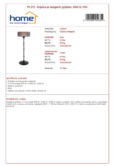 Grijalica HOME FK 272, 2000W, halogena