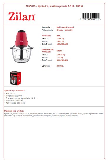 Sjeckalica ZILAN ZLN5619, 200 W, 1,0 l, staklena posuda, crvena